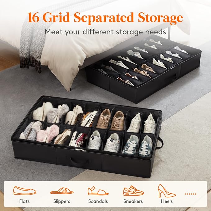 Lifewit Under Bed Shoe Storage Organizer 1 Pack(16 Shoes Cells), 4.3 Inches Profile Fabric Shoes Container Box with Clear Cover, Foldable Storage Bag with 2 Handles, Fits 8 to 16 Pairs - Image 5