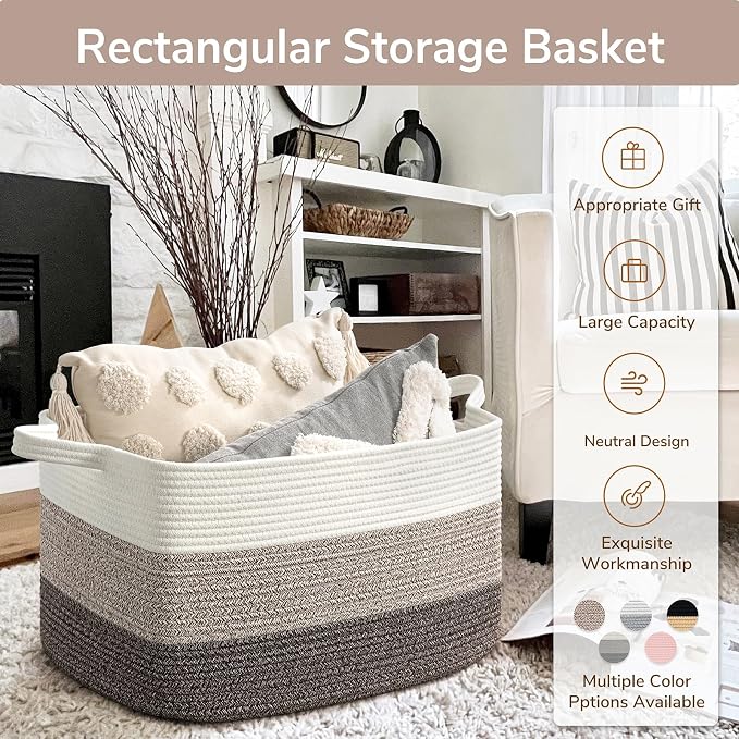 Goodpick Large Woven Rope Blanket Basket, Rectangle, White Brown - Image 7