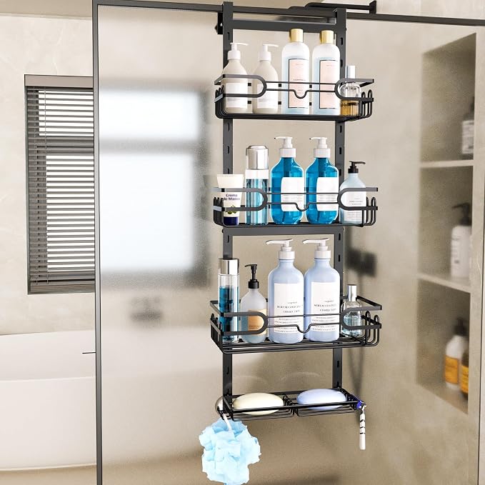 Consumest Over The Door Shower Caddy - 4 Tier Adjustable Hanging Shower Organizer Shelf with 2 Soap Holders & 22 Hooks, Rustproof Easy Installation Hanging Storage Rack for Bathroom, Black - Image 4