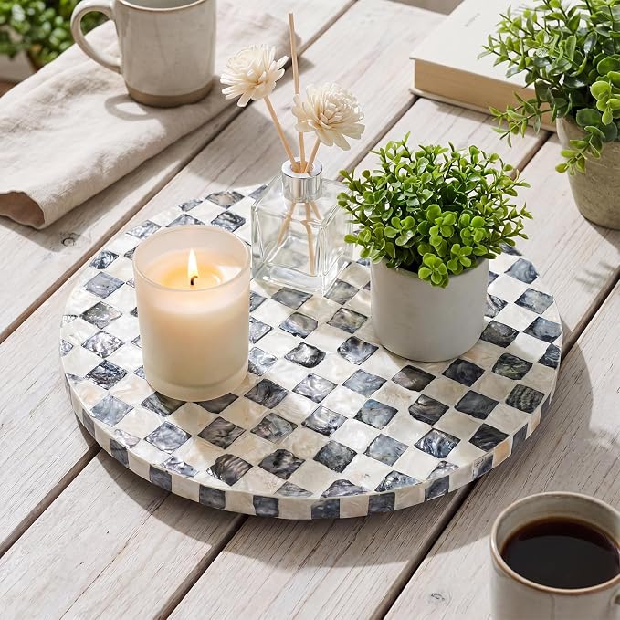 Reallnaive Mother of Pearl Lazy Susan for Table Turntable Organizer Marble Patterned Lazy Susan Wood Spinning Tray Rotating for Kitchen Cabinet Spice Pantry 12 Inch(Round,Black White Checkerboard) - Image 5