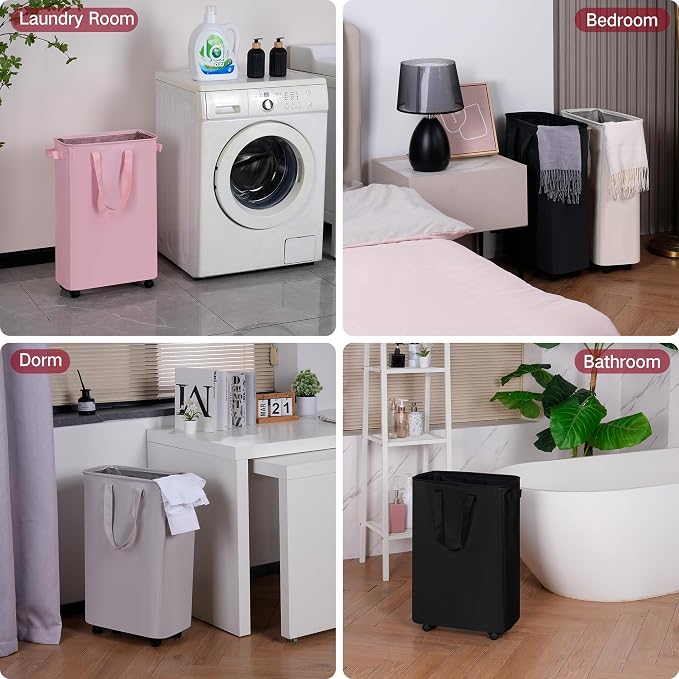 efluky Slim Laundry Hamper with Wheels, Rolling Laundry Basket for Clothes, Small Laundry Basket for Bedroom, Dorm and Laundry Room, 60L (12.7 Gallons) Beige - Image 6