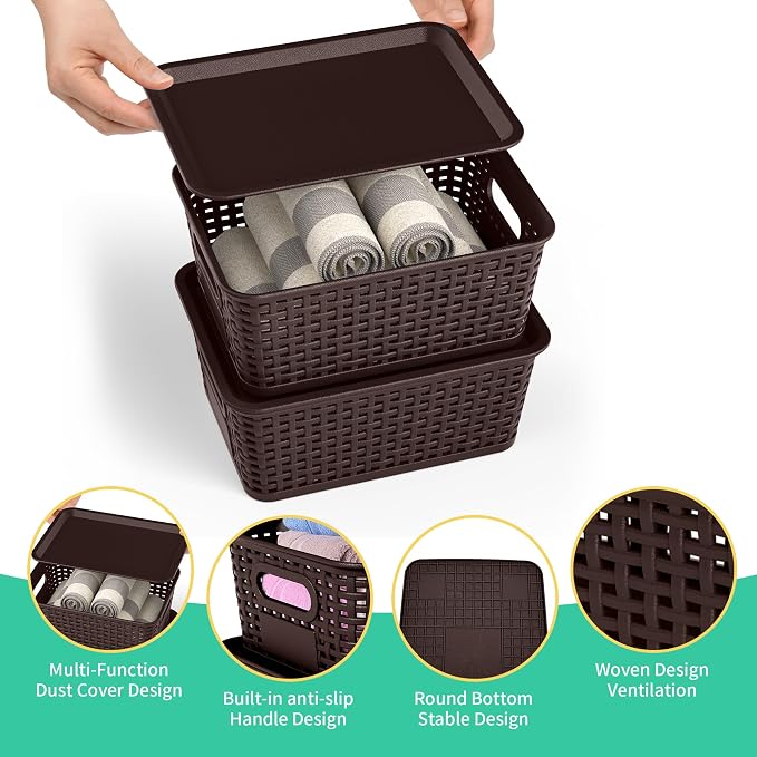 8 Pack Plastic Storage Baskets,Brown Stackable Bins with Lid - Image 2
