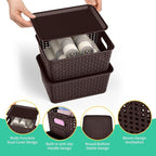 8 Pack Plastic Storage Baskets,Brown Stackable Bins with Lid - Image 2