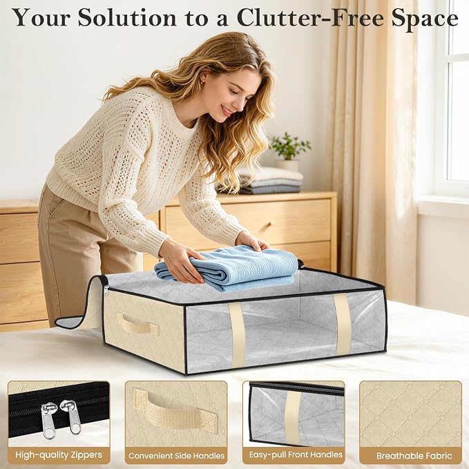 StorageRight Under Bed Storage Bags, 8 Pack, 40L, Beige | Breathable Non-Woven Fabric with a Clear Window and Zippered Top for Clothes, Comforters, Blankets and Seasonal Storage - Image 3