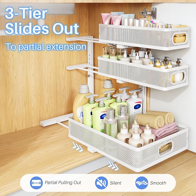 Under Sink Organizer, 3-Tier Thickened Metal Pull out Cabinet Organizer Shelf, Height Adjustable Slide out Storage Drawer Rack for Kitchen Bathroom Pantry Laundry Home Organization, 1-Pack, White - Image 7