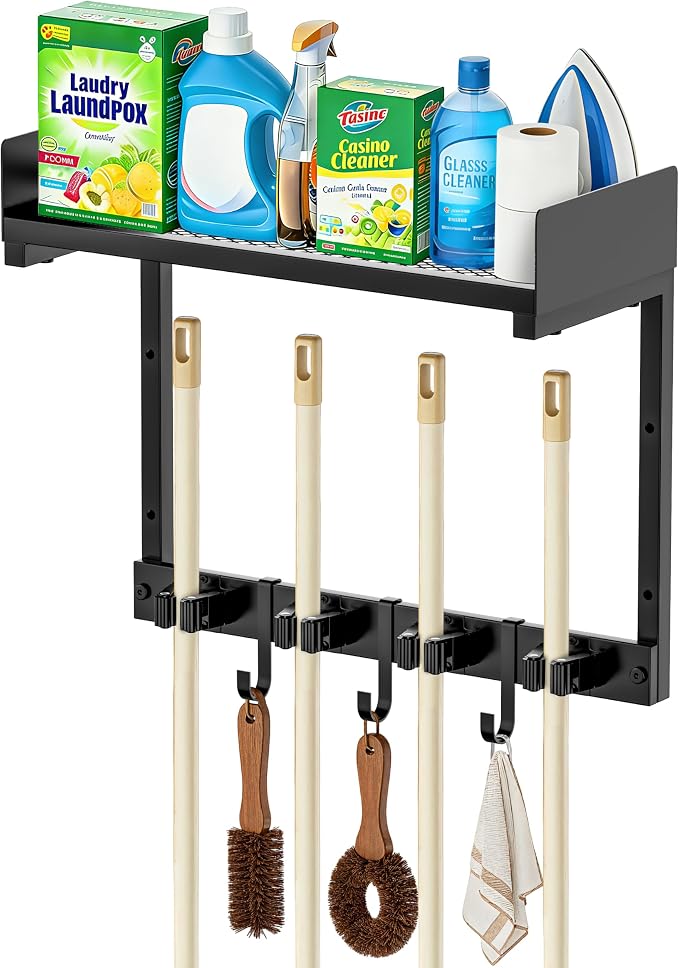 HUFAND 15" Wall Mounted Broom Holder and Mop Organizer with Shelf and Hook by HUFAND