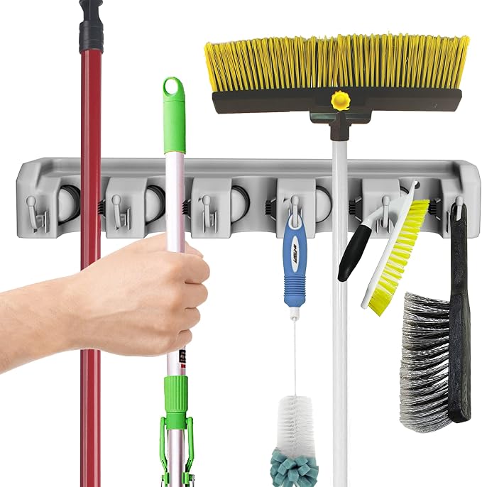 Garden Tool Organizer Wall Mount Broom and Mop Holder, 5 Adjustable Slots and 6 Hooks Utility Rack for Garage or Home Organization, 2-Pack by Stalwart - Image 5
