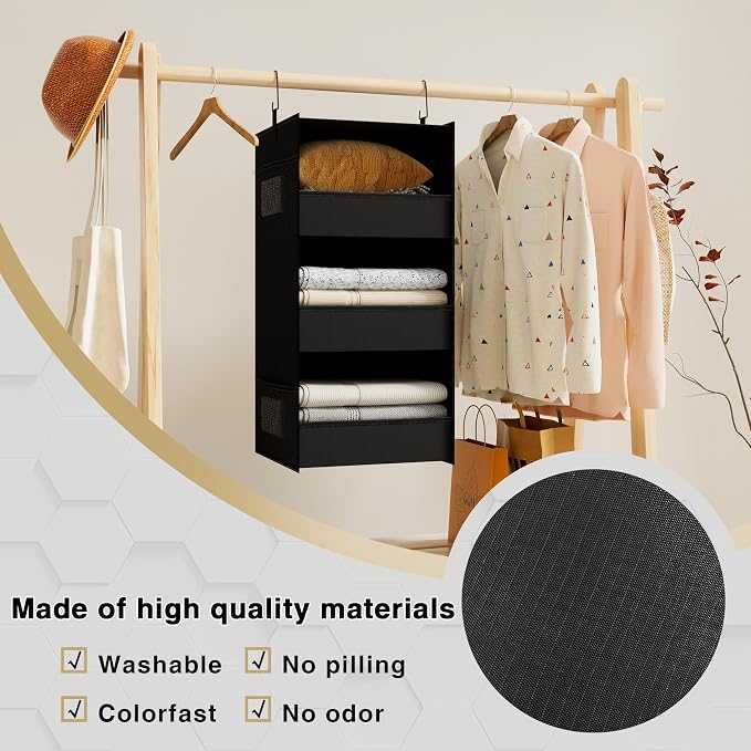 3-Shelf Hanging Closet Organizer, Washable Foldable Storage Shelves, Black | Front lip keeps items secure; side pockets add room; Oxford fabric handles towels, shirts, baby items, dorms, RVs or travel. - Image 4