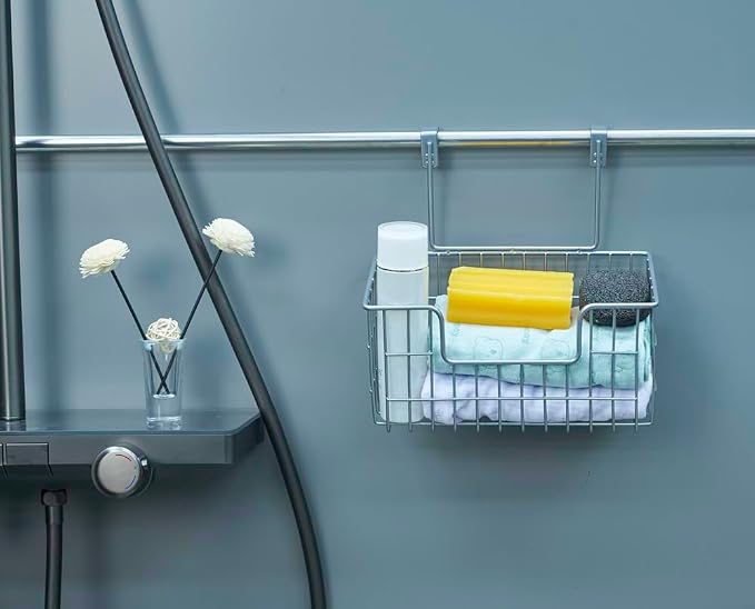 JUNCHU CHERRY Wire Hanging Storage Basket 2 Packs, Wall Mounted Kitchen Bathroom Storage Basket, Multi-Functional, No Punching, Strong Bearing, Chrome - Image 5