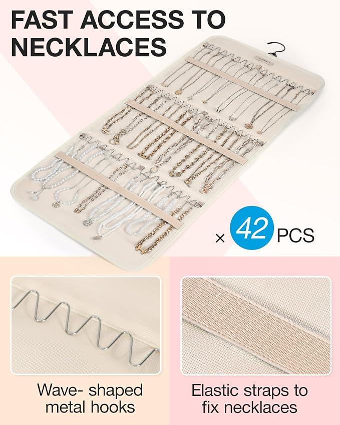 BAGSMART Hanging Jewelry Organizer Necklace/Earring/Ring 2-Sided L Beige - Image 2
