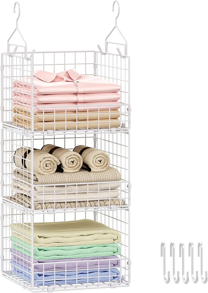 Sonyabecca 3-Tier Hanging Closet Organizer with 5 S Hooks, Closet Shelves for Clothes, Shoes, Handbags, Accessories, Hanging Basket, Closet Storage, Closet System, Closet Organizers and Storage by Sonyabecca