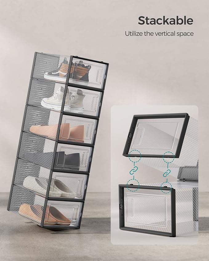 SONGMICS Shoe Boxes, Clear Plastic Sneaker Box, Pack of 24 | Stackable Shoe Storage Organizers, for Closet, 13.1 x 9.1 x 5.6 Inches, Transparent and Black, DENNYS Collection ULSP906B12 - Image 4