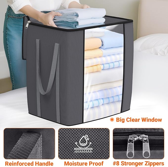 TasticTotes 120L Extra Large Blanket Clothes Storage Bags, Black, 6 Pack | Foldable Blanket Storage and Organization, Thick Fabric Containers with Reinforced Handles & Zippers for Comforters, Bedding - Image 4