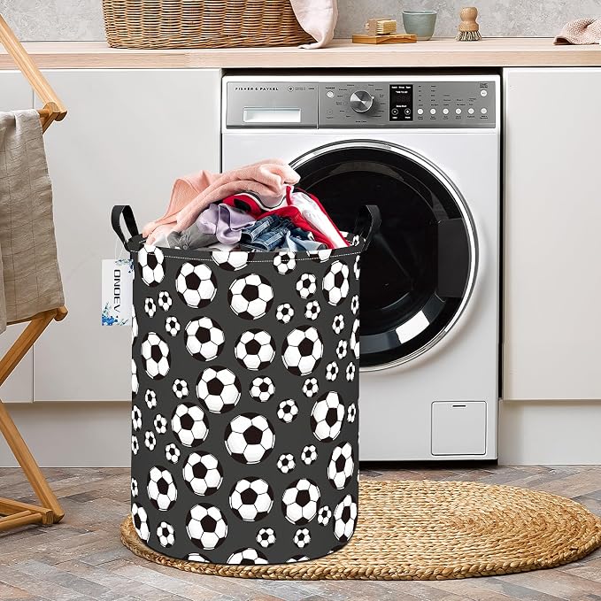 Round Soccer Ball Print Laundry Hamper, Cotton Canvas Storage Bin - Image 6