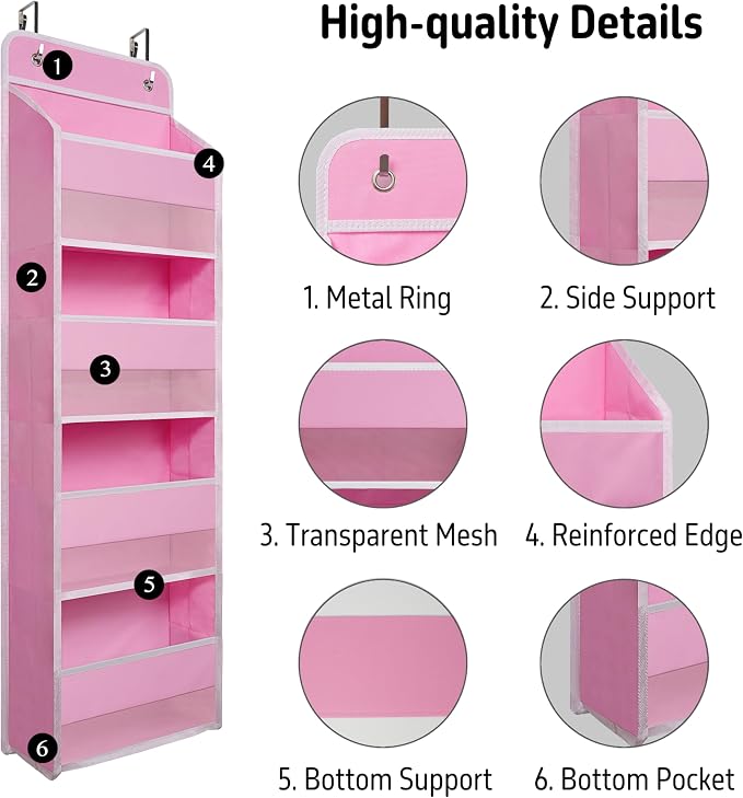Giraffe Creation Compact Pink Over Door Organizer with 4 Large Clear Pockets, Compact Hanging Door Storage for Nursery, Bedroom, Bathroom, Closet, Baby Essentials - Image 4