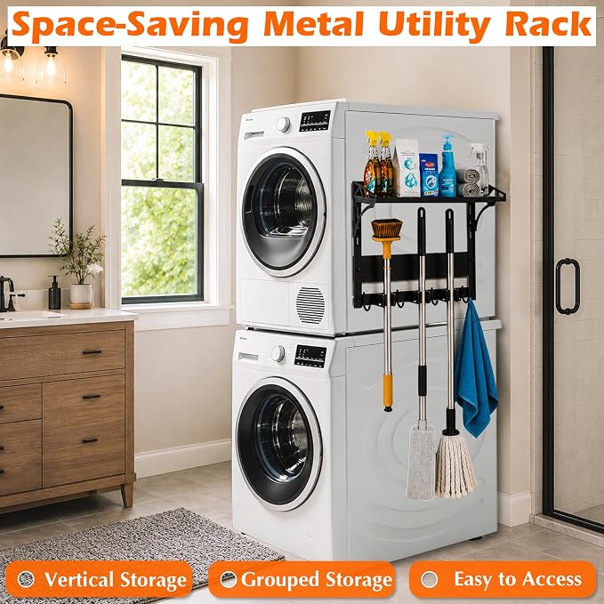 MUTUACTOR Heavy Duty Magnetic Broom Holder,Anti-slip Magnetic Tool Rack with Top Utility Shelf, Easy Assembly Broom Mop Organizer for Refrigerator Metal Cabinet Laundry Room Kitchen,3-Clamps 4-Hooks - Image 2