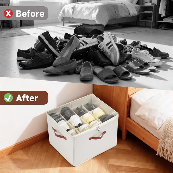 2-Pack Shoe Organizer for Closet, Foldable Shoe Storage Container with Adjustable Dividers & Clear Lid, Holds Up to 12 Pairs, Space-Saving Shoe Boxes, White - Image 6