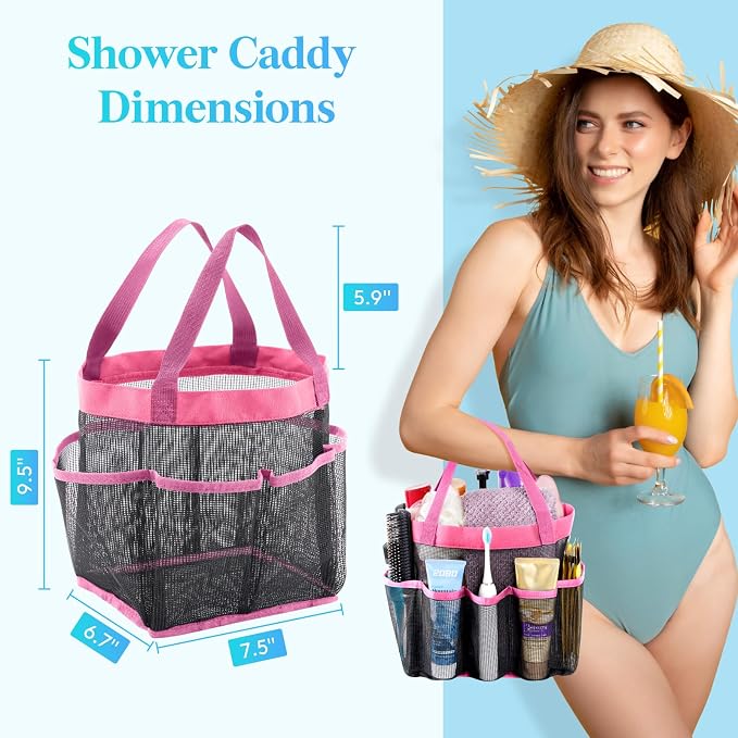 Lifewit Mesh Shower Caddy Portable for College Dorm Room Essentials with 7 Pockets, Freestanding Hanging Organizer Basket, Quick Dry Tote Bag for Camping, Bathroom, Beach, Travel, 1 Pack, Pink - Image 4