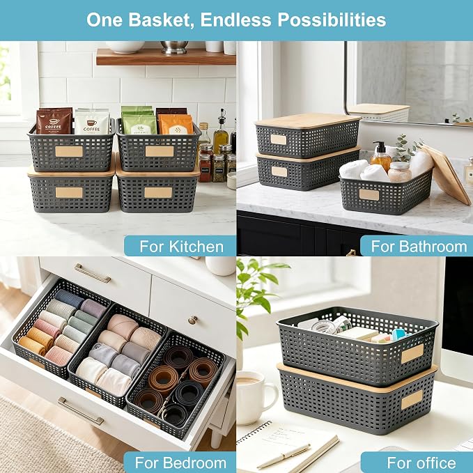 Bagnizer 4 Pack Plastic Storage Bins with Bamboo Lids, 6.2qt Stackable Storage Organizer Box with Lable for Pantry Shelves Drawers Desktop Office, 12"L x 8.3"W x 3.5"H, Gray - Image 5