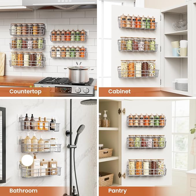 Mystozer 5 Pack Spice Rack Seasoning Organizer Wall Mount, Screw or Adhesive Hanging Shelf Basket Spice Organizer Pantry Organizers Shelf for Kitchen Spice Organization for Cabinet (Silver) - Image 7