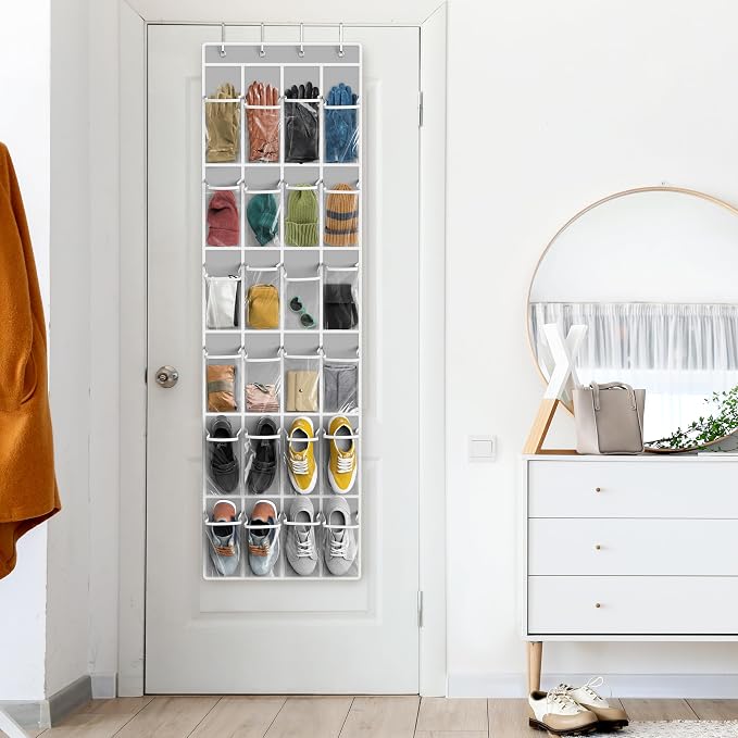 Simple Houseware 24 Pockets Clear Over the Door Shoe Organizer, Gray | 64" x 19", 4 Durable Metal Hooks, 4.3" x 9.5" Pocket Size, Multipurpose - Image 8