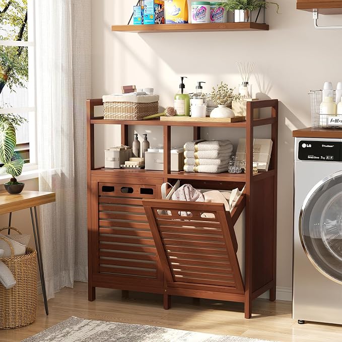 Homykic Tilt Out Laundry Hamper Cabinet, Bamboo Laundry Organizer, Walnut - Image 3