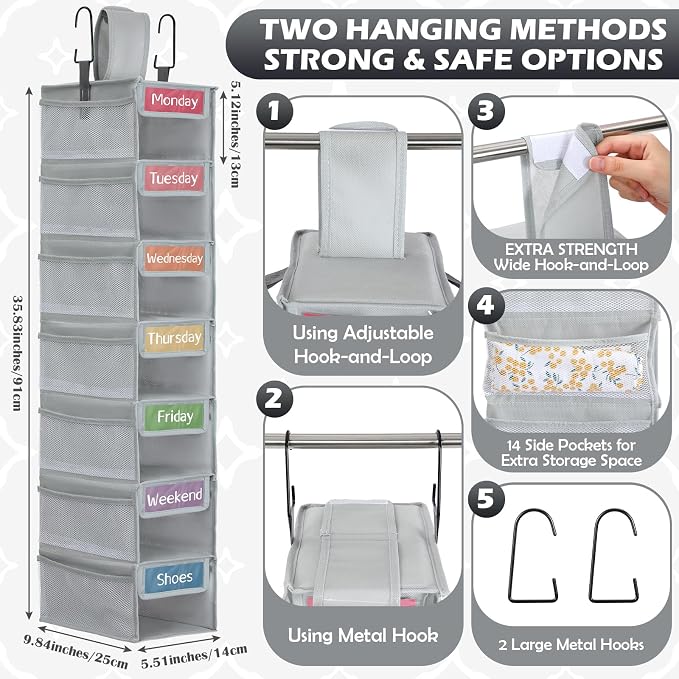 2 Pack 7 Shelf Weekly Clothes Organizer Hanging Closet for Kids with Side Pockets Weekday Shoes Rack Weekly Clothes Organizers Monday Through Weekend Foldable Storage Shelves(Gray) - Image 2