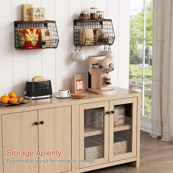 Goozii Hanging Wall Fruit Basket for Kitchen Counter 2 Pack, Stackable Wire Baskets for Organizing with Wood Lid, Potato and Onion Storage Bin with Banana Hook for Vegetable Produce, Black + Rustic - Image 3