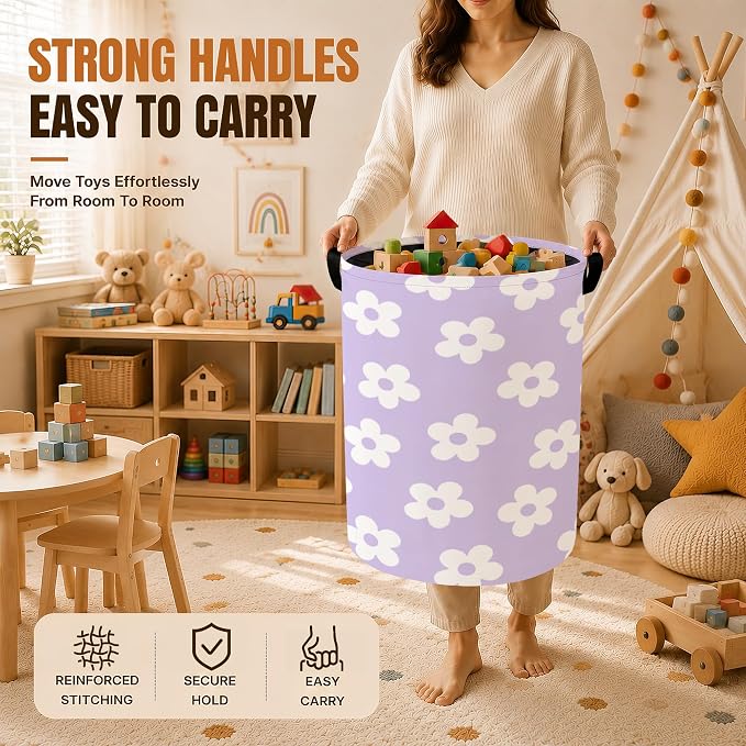Floral Laundry Basket with Handles,Purple Foldable Oxford Clothes Hamper with Groovy Flowers, Portable Dirty Clothes Storage Bucket for Laundry Room Bedroom Bathroom Dorm Decor,20.8x16 Inch - Image 4