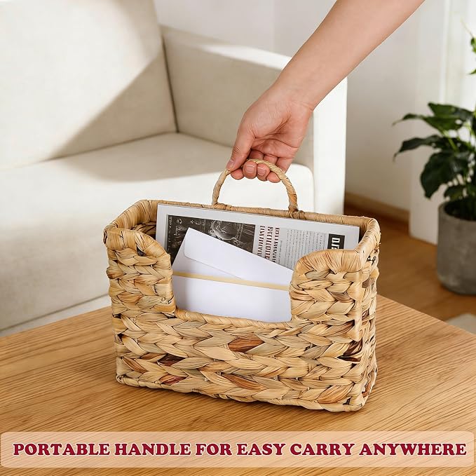 Hanging Magazine Basket, Woven Wall Magazine Holder Organizer with Handle for Mail, Files, Books - Water Hyacinth Farmhouse Storage Rack for Bathroom, Kitchen, Office - Image 3
