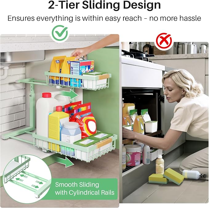 Kitstorack Under Sink Organizer, 2 Tier Under the Sink Storage, Slide out Pull out Cabinet Organizer Shelf, Metal Sliding Drawer for Kitchen Bathroom Pantry Closet Organization Rack, Green, 2 Pack - Image 3