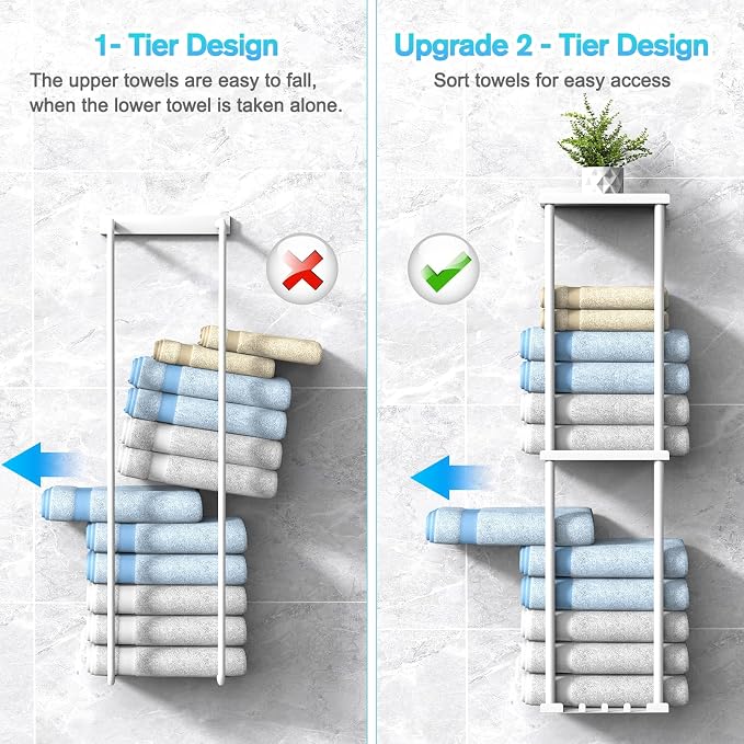 Liuoud Towel Rack for Bathroom, Wall Mounted Vertical Rolled Towel Storage Organizer Holder with Shelf, Holds Up 6 Large Bath Sheets, White - Image 5
