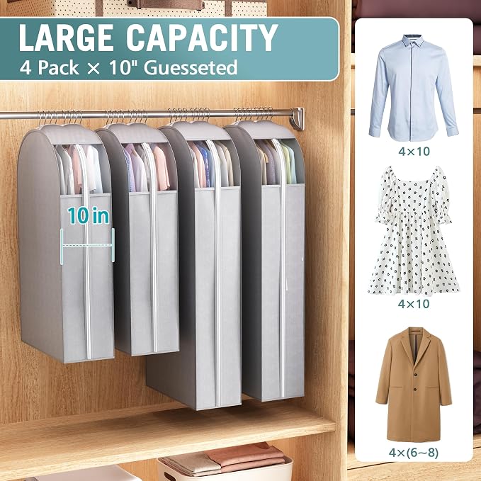 Liuoud 10" Gusseted Garment Bags for Hanging Clothes with Clear Window, 40" | Suit Bags for Closet Storage with Large Metal Zipper, Breathable odorless Hanging Plastic Clothes Cover for Coat Dress Fur - Image 3
