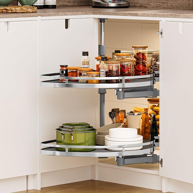 DWVO Corner Cabinet Pull-Out Organizer, 2-Tier Blind Corner Shelf with 270° Swing-Out Tray, Right Swing, Heavy-Duty Chrome Plated Iron, 32.7"x17.3"x21.3", Gray by DWVO