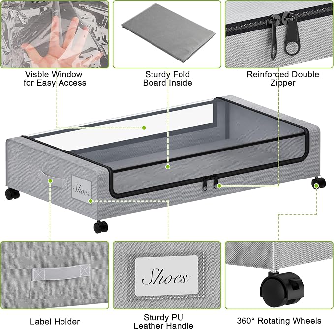 Tututry Under Bed Storage with Wheels, XXL 60L Under the Bed Storage Bins, Underbed Storage Containers with Lids & Label, Rolling Metal Drawer for Shoes, Clothes, Books, Toys (4-Pack Gray) - Image 4