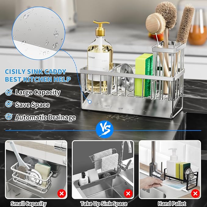 Cisily Sink Caddy Sponge Holder for Kitchen, 304 Stainless Steel Rustproof, Kitchen Sink Caddy with High Brush Holder, Dish Sponge Organizer with Divider(Silver) - Image 2