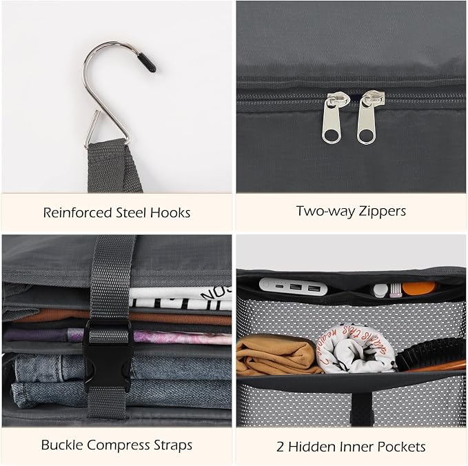 Surblue Hanging Closet Storage Bag Collapsible 3-Shelf Washable Oxford Fabric with 2 Hooks (L 11.41 * 11.41 * 19.68in, Grey) - Image 5
