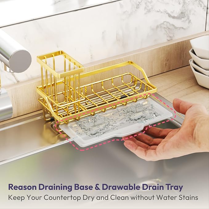 SWTYMIKI Sink Caddy Kitchen Sink Organizer with Detachable Brush Holder, Stainless Steel Sponge Holder with Removable Drip Tray Sponge Caddy for Kitchen Countertop, Gold - Image 5