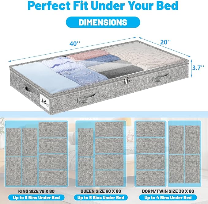 4 Inch Low Profile Under Bed Storage Drawer 4 Pack, Lightweight Underbed Clothes Storage Container Bins With NO STURCTURE, Shallow Storage Bag for Dorm & Home, With Clear Lids & Water-Resistant Fabric - Image 2