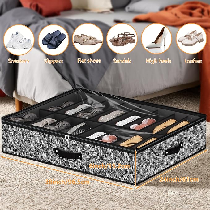 homyfort 32 Pairs Shoe Organizer Under Bed, Underbed Shoe Storage Boxes Bins, Organizador De Zapatos, Extra Large Zapateras Organizer, Black, Set of 2 - Image 2