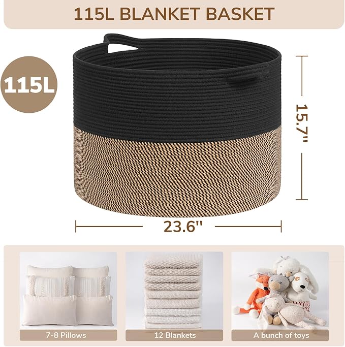 INDRESSME 115L Extra Large Woven Rope Blanket Basket Living Room, Mix Black - Image 2
