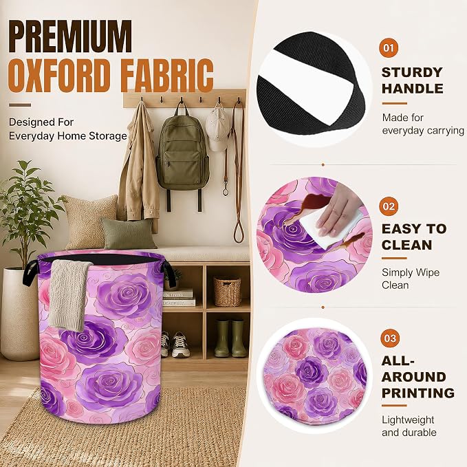Decorative Foldable Laundry Basket with Handles, Pink Purple Rose Flower Oxford Clothes Hamper, 16 x 20.8 Inch Storage Basket for Bedroom Bathroom Laundry Room,20.8x16 Inch - Image 3