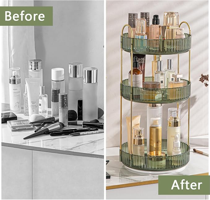 shuang qing Rotating Makeup Organizer for Vanity, High-Capacity Skincare Clear Make Up Storage Perfume Organizers Cosmetic Dresser Organizer Countertop 360 Spinning (Green, 3 Tier) - Image 3