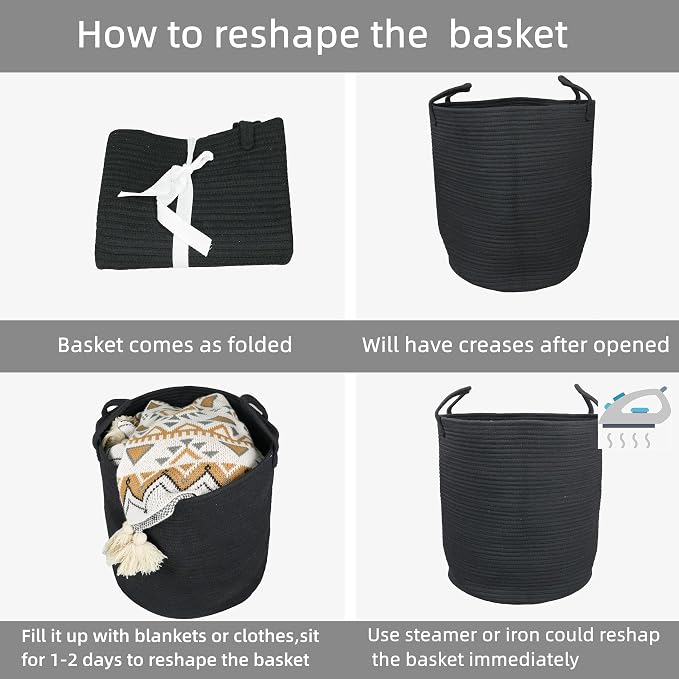 XUANGUO Black Cotton Rope Laundry Basket Hamper for Clothes Large - Image 6