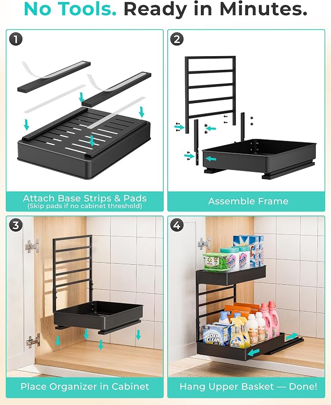 EVERIE Height Adjustable 2 Tier Metal Pull Out Slide Shelf Organizer for Under Sink Cabinets in Kitchen, Bathroom, with Snap-on Top Tray, 16" Deep (Black, 2 Sets) - Image 7