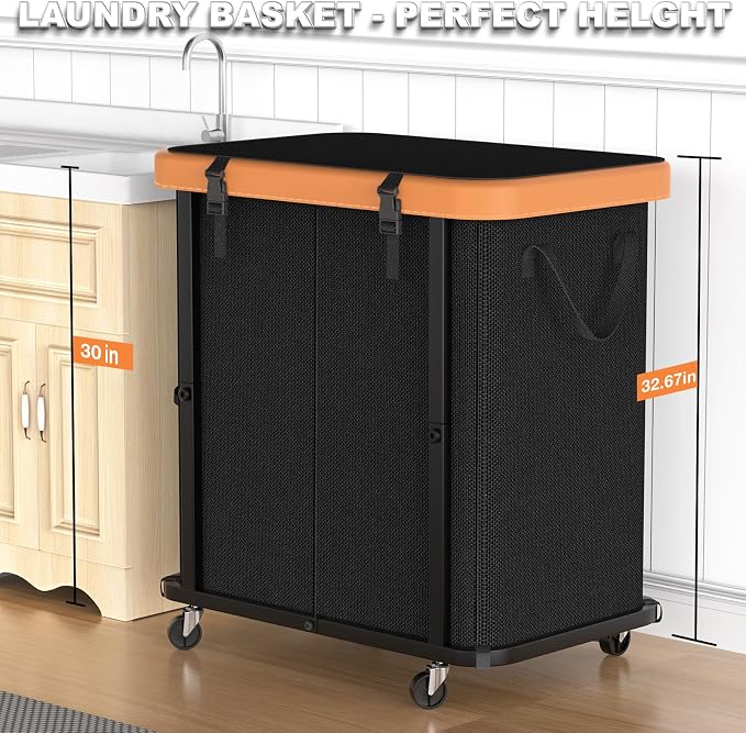 Laundry Basket with Wheels,190L Leather Patchwork Laundry Hamper 2 Setion - Image 4