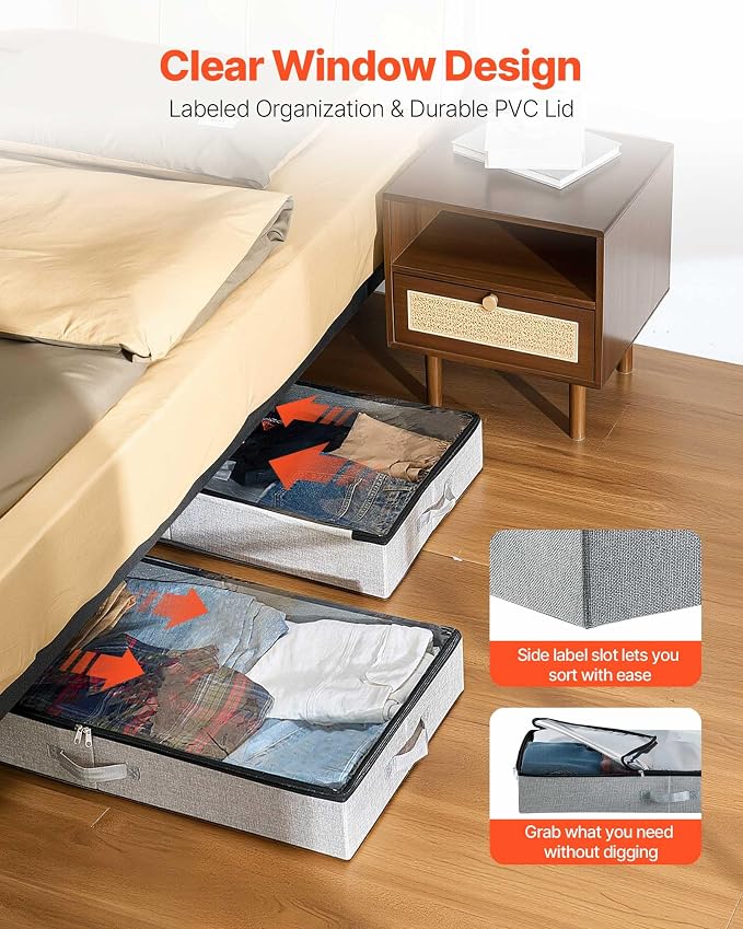 VEVOR Under Bed Storage with Clear Lids, 33.5 x 16.9 x 4.7 Inch, 45L Large Underbed Clothes Storage Containers, Low Profile Under Bed Drawer Shoe Organizer Bins Box for Blanket Shoe Bedroom, 2 Pack - Image 5