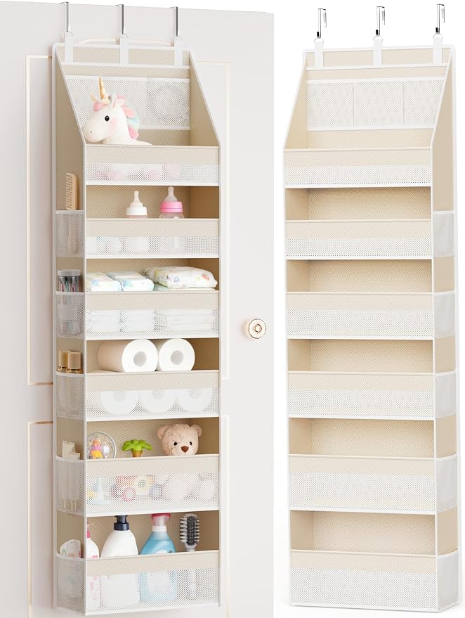 Criusia Over the Door Organizer, 6-Shelf Closet Hanging Storage with 13 Mesh Pockets, 55lbs Capacity Behind the Door Storage for Baby Nursery, Bathroom, Bedroom, and Dorm, Beige by Criusia