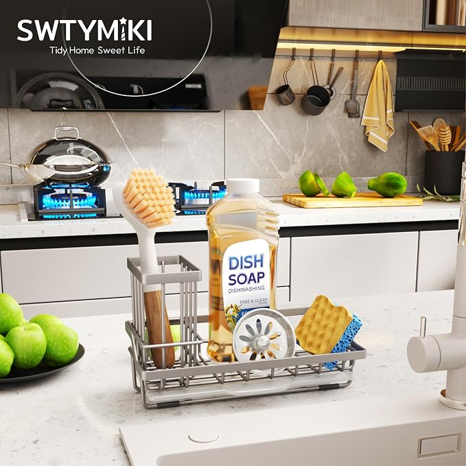 SWTYMIKI Sink Caddy Sponge Holder - Kitchen Sink Organizer with High Brush Holder for Countertop to Hold Dish Soaps and Sponges, Stainless Steel, Sand Nickel - Image 2