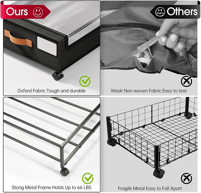 Yecaye Under Bed Storage with Wheels 60L, 2 Pack Under Bed Storage Containers, Underbed Shoe Storage with Clear Window & Label, Rolling Under Bed Metal Drawer for Clothes, Shoes, Books, Black - Image 5